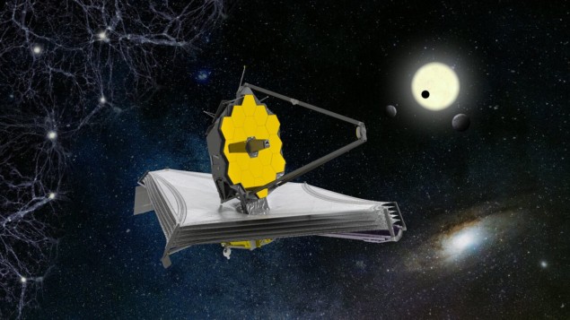 Artist's impression of JWST, with the telescope floating in space between a filamentous web of stars and galaxies and a star with exoplanets orbiting around it
