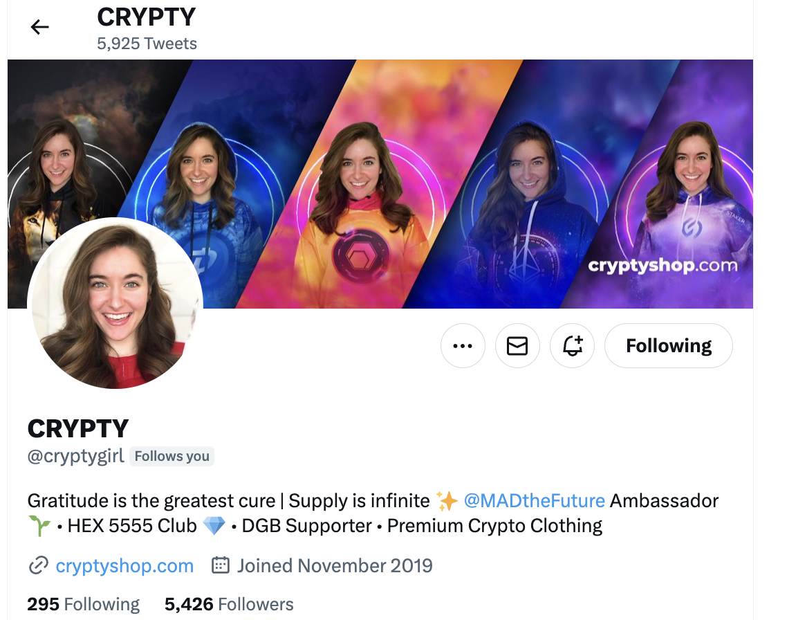 Cryptygirl twitter profile