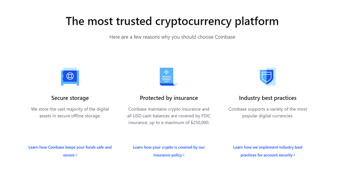 Visual highlighting Coinbases security features.