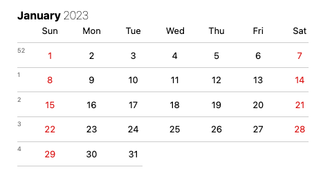 Tammikuun 2023 kalenteriruudukko.