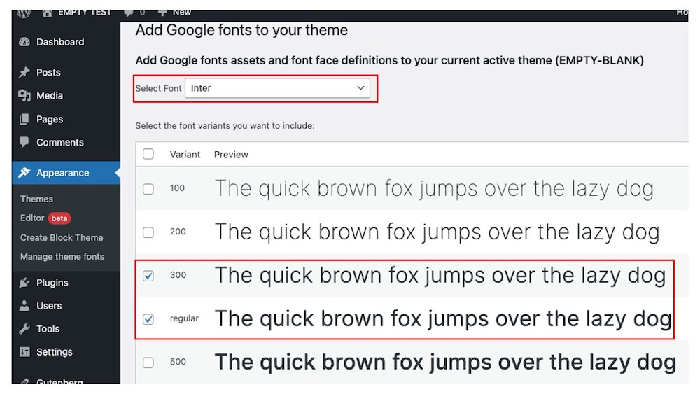 Add Google Fonts to your theme screen with Inter selected and type samples below it of the various weight variations.