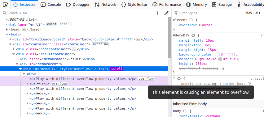 Ületäitumise märk HTML-paneelil asuvas Firefoxi DevToolsis