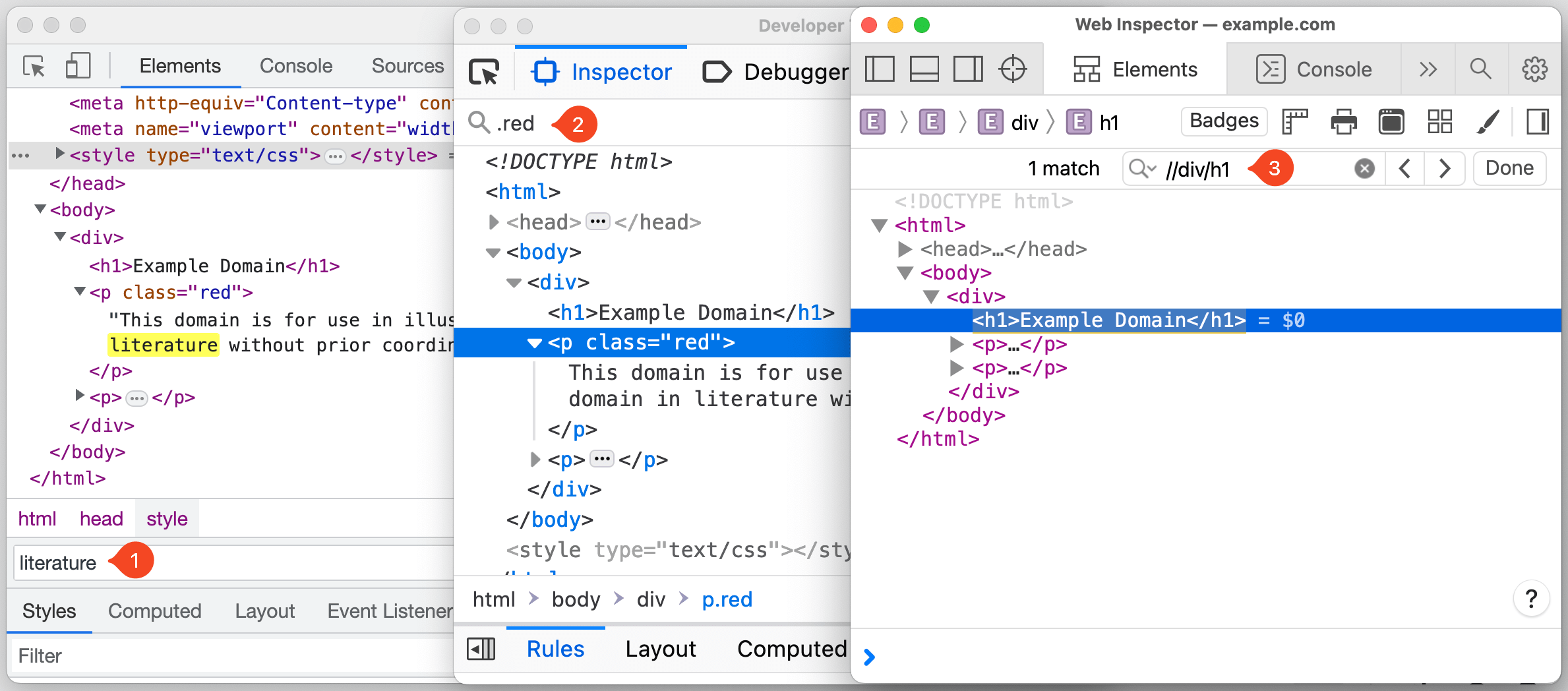 DevTools screenshots of all three browsers.
