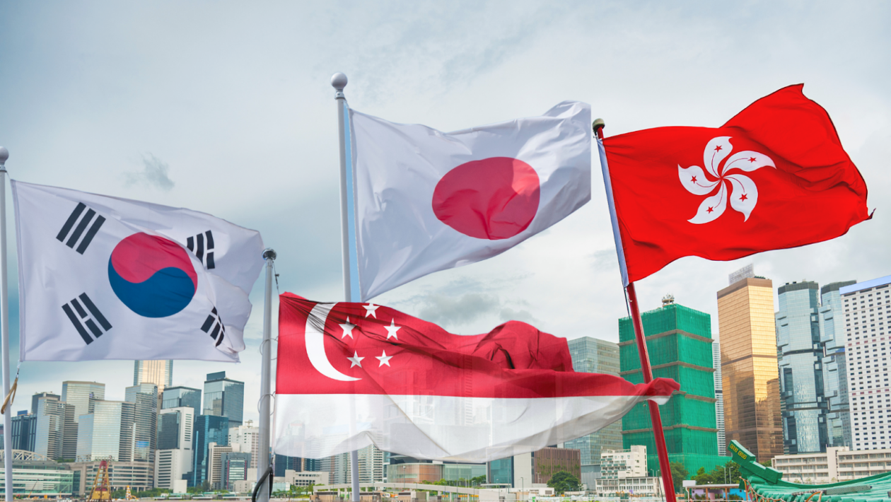 Flags of South Korea, Singapore, Japan and Hong Kong. 
