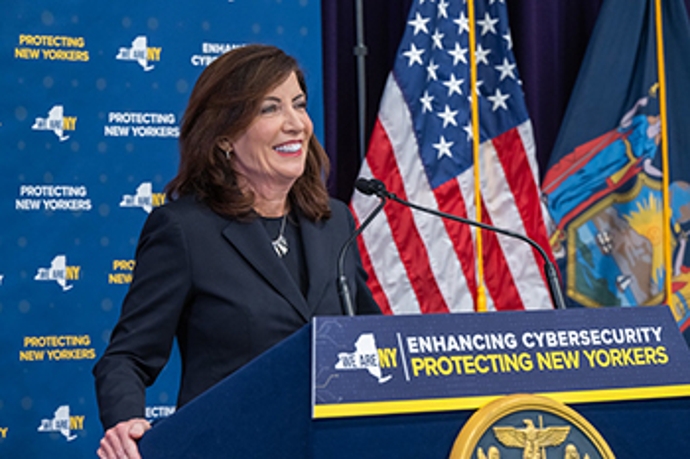 New York Governor Kathy Hochul speaks at event announcing cybersecurity plan