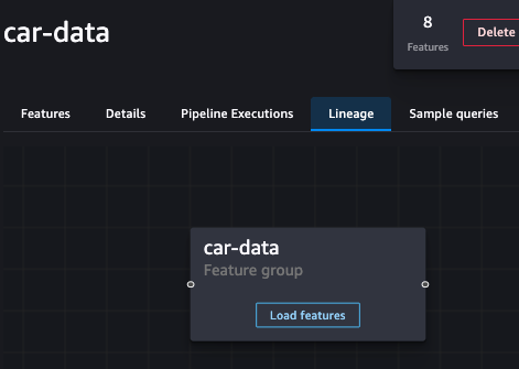 Image of Sagemaker UI of the feature group of car data