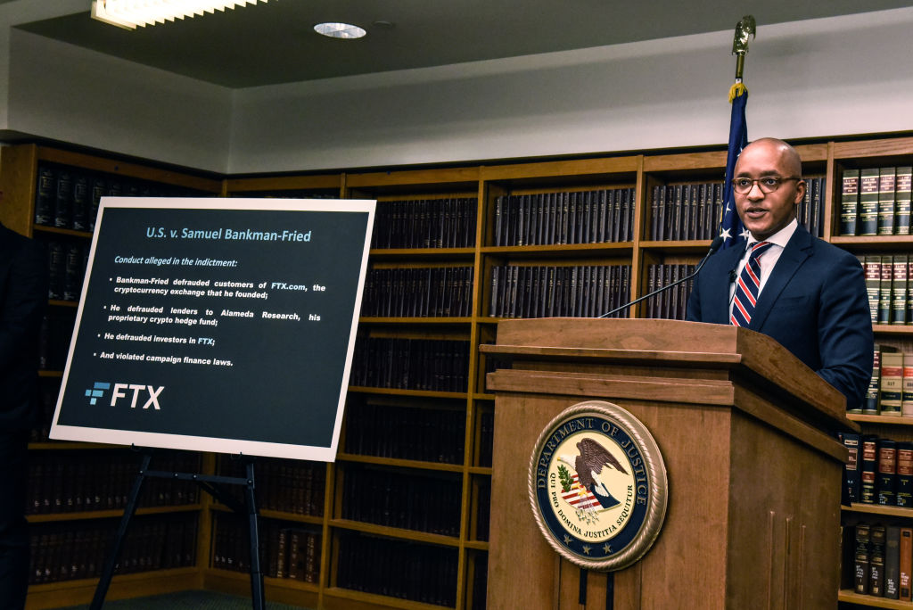 Damian Williams, U.S. attorney for the Southern District of New York, announces the indictment of Samuel Bankman-Fried (Spencer Pratt/Getty Images)