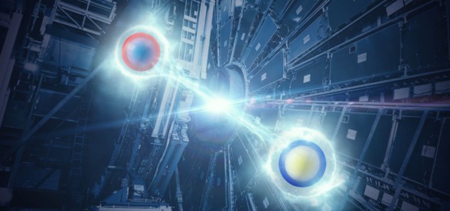 Η εντύπωση ενός καλλιτέχνη της εμπλοκής κορυφαίου κουάρκ, που δείχνει λαμπερά συνδεδεμένα σωματίδια σε φόντο του ανιχνευτή ATLAS στο CERN