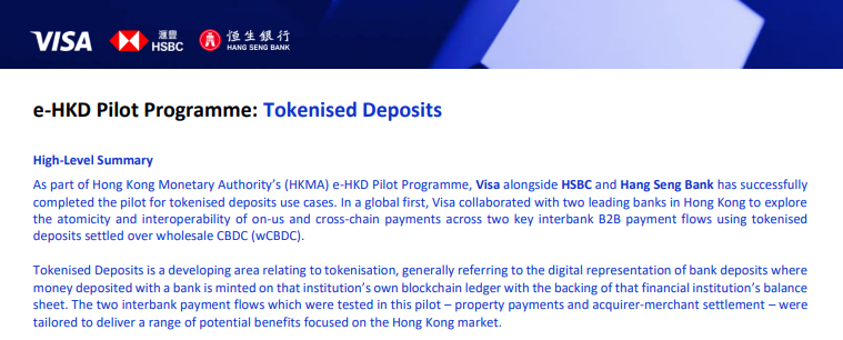 The new e-HKD pilot results as announced by Visa. 