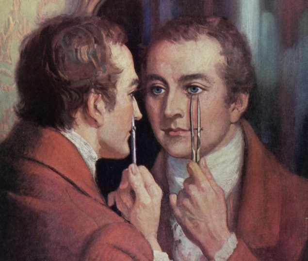 Painting of a man holding callipers up to his own eye