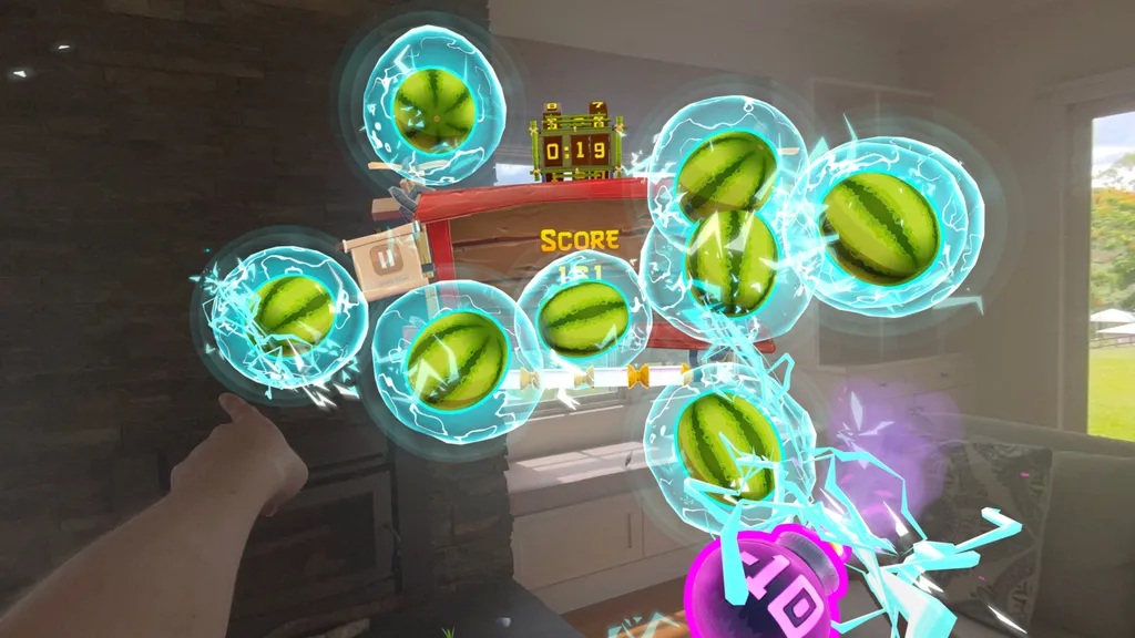 Στιγμιότυπα οθόνης Super Fruit Ninja Tease Apple Vision Pro Gaming