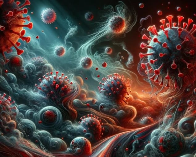 Artist's image showing multiple viruses in a fluid turbulent environment interacting with human cells