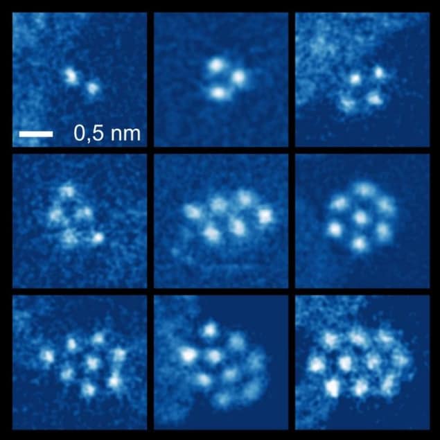 A grid of images showing nanoclusters containing 2-10 xenon atoms sandwiched between two graphene layers. The xenon atoms glow white against a blue background