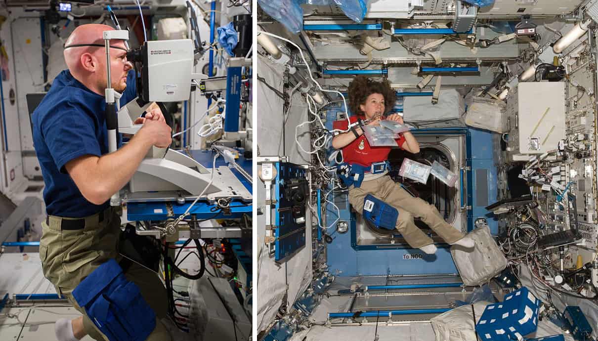 Two photos of astronauts on the international space station: one is looking an eye exam camera, the other is floating in zero-gravity holding tools, with items strapped to her body