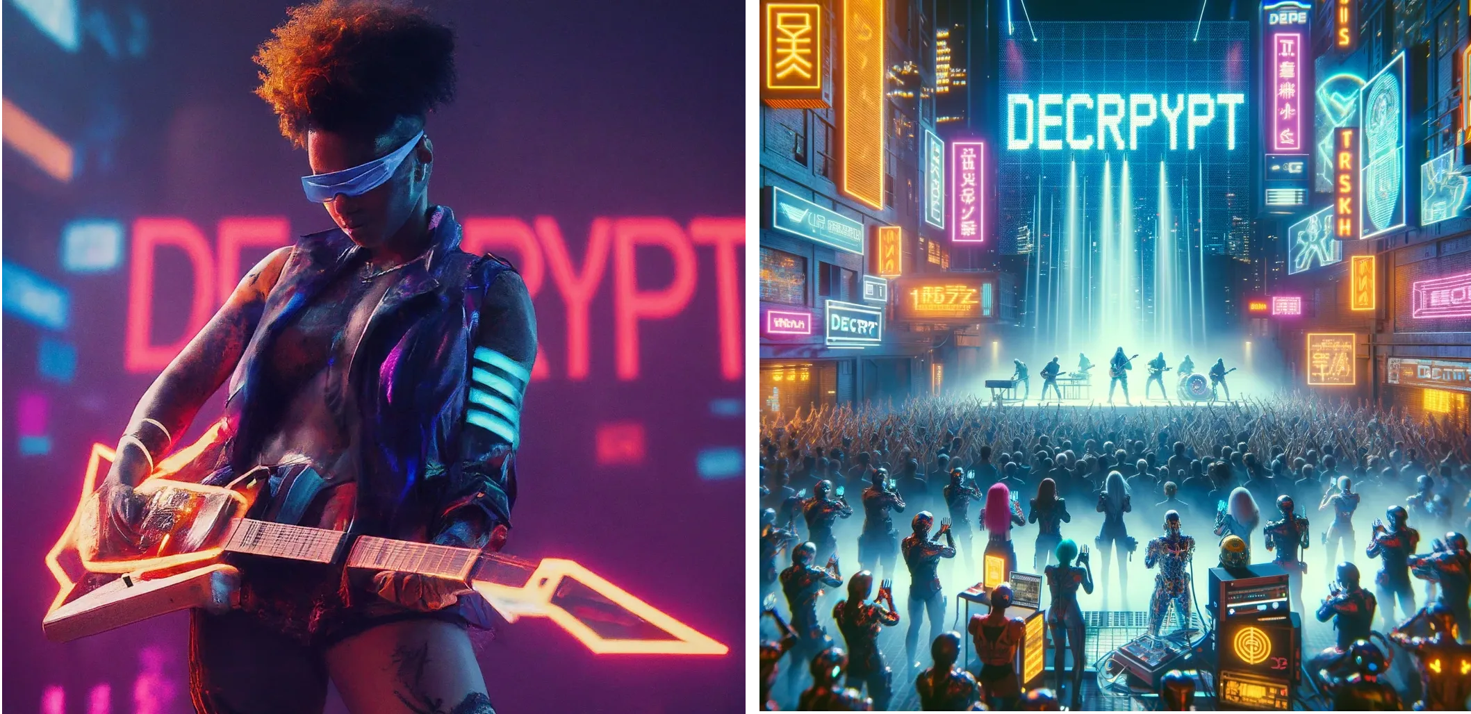 Kiberpunk futuristični umetnik nastopa na odru z besedo "DECRYPT" v neonskih lučeh v ozadju. Gemini (levo) proti ChatGPT Plus (desno)