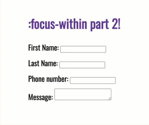 Zeigt, wie Beschriftungen in einem Formular mit :focus-within fett formatiert, Farbe und Schriftgröße geändert werden.