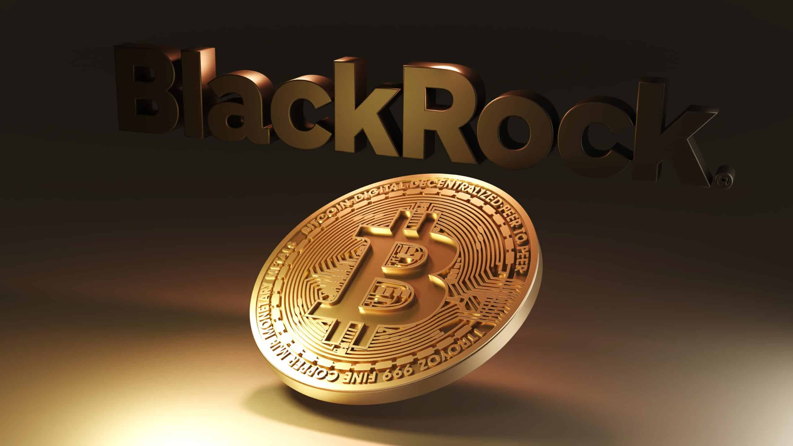 blackrock logo in background with a gold bitcoin in the foreground