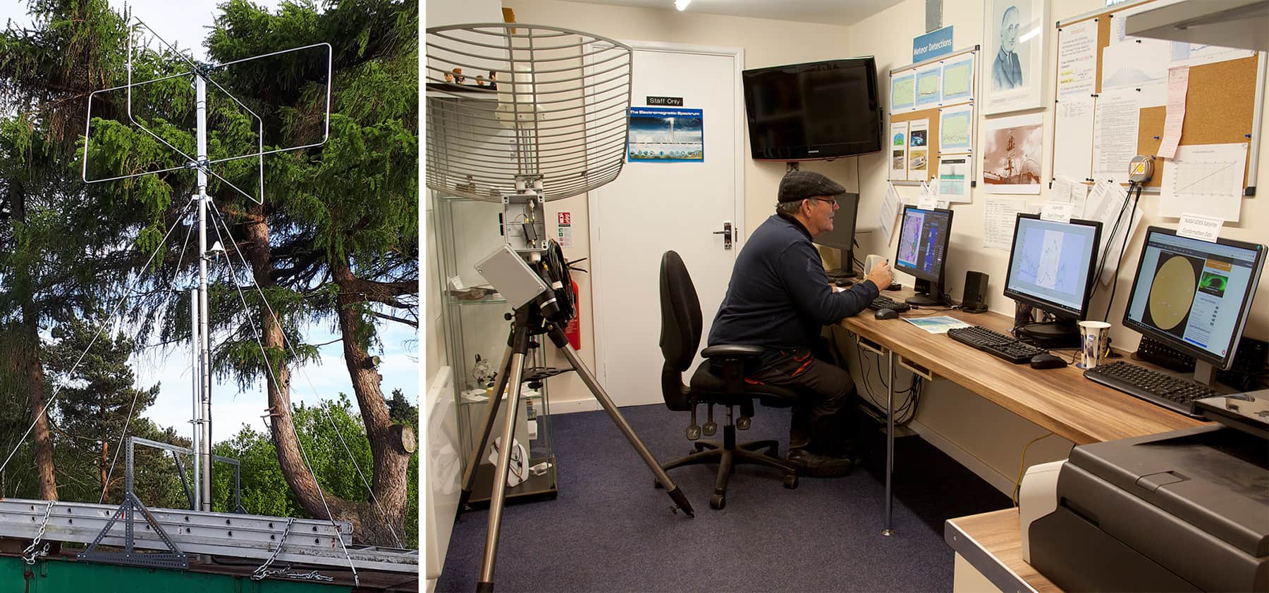 Two photos: a radio beacon and a man sat at a desk looking at several monitors of data