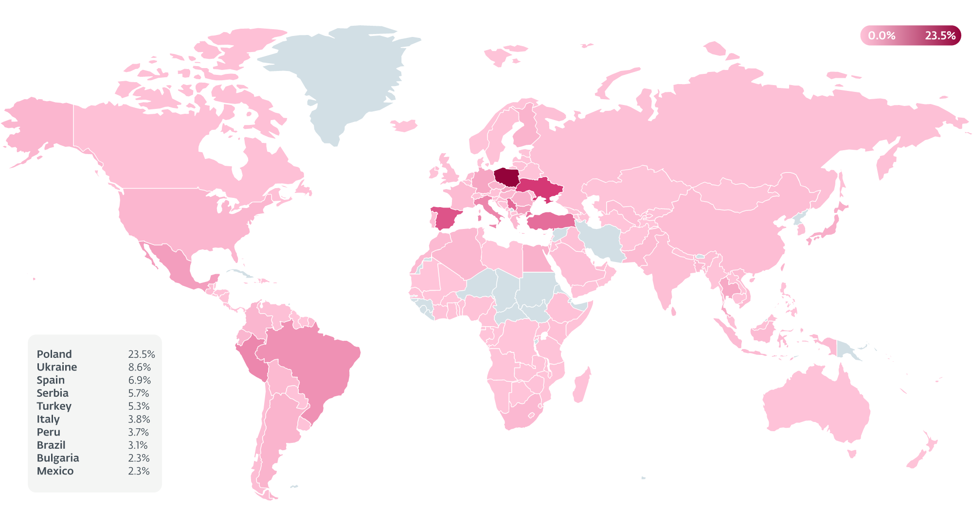 Şekil 3. ESET telemetrisine göre AceCryptor'dan etkilenen ülkelerin ısı haritası