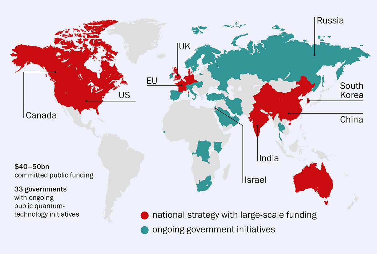 A világtérkép azon országokat mutatja, amelyekben kormányzati kezdeményezések vannak a kvantumtechnológiában
