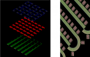 Examples of multi-layer quantum technology (left) and a JTWPA layout (right) in ADS