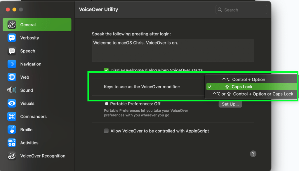 Utilitário VoiceOver para alterar as teclas modificadoras.
