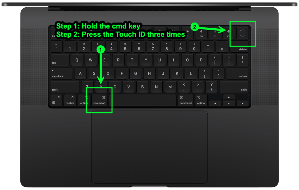 MacBook Pro-toetsenbord met stappen voor het starten van Mac-voiceover.