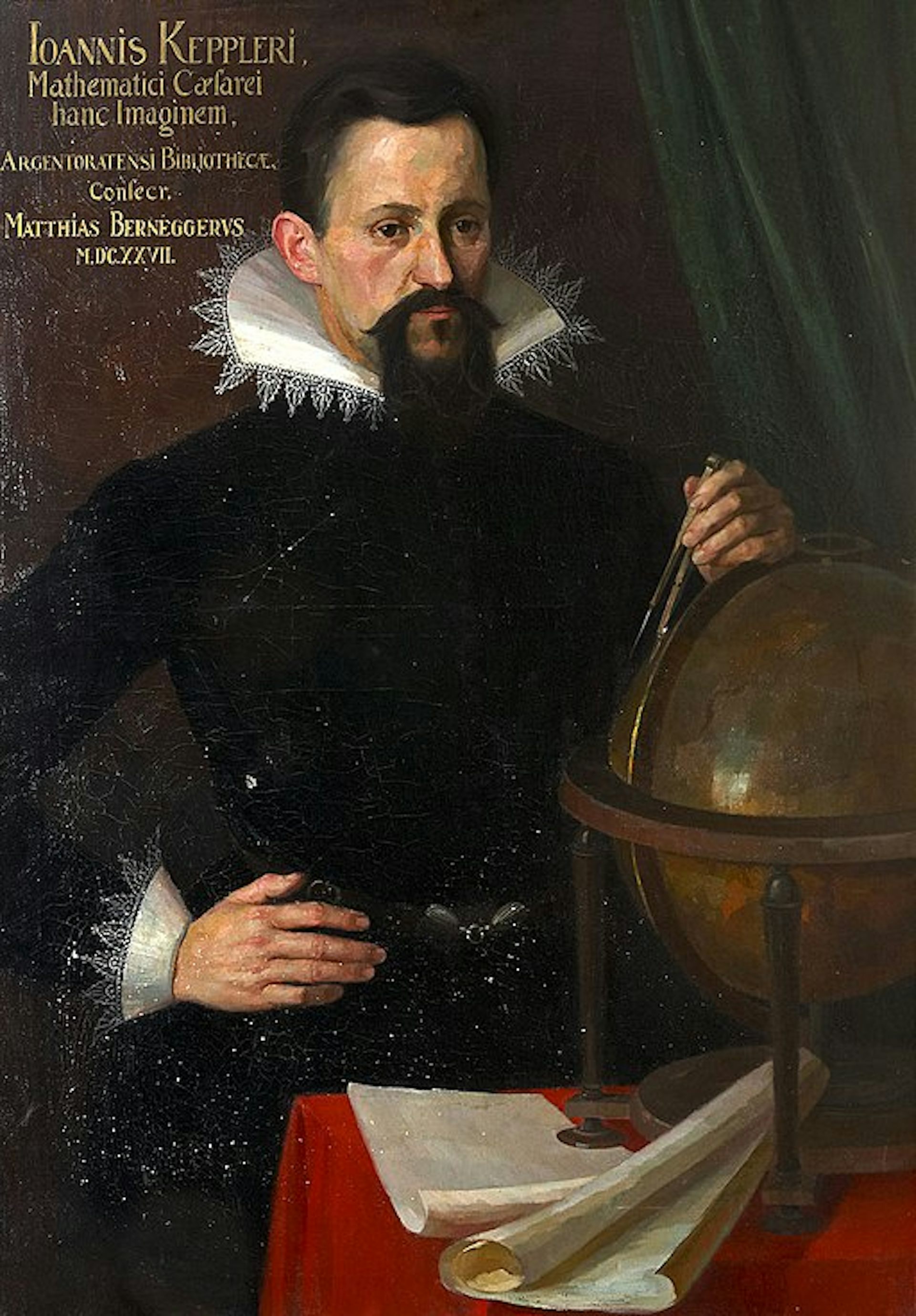 A man with dark hair and a beard, wearing dark clothes with an elaborate collar, resting one hand on his hip and another on a globe.