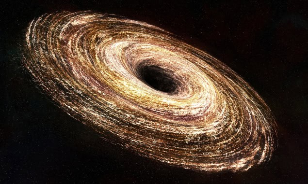 Représentation artistique d'un trou noir entouré d'une spirale de matière rougeoyante