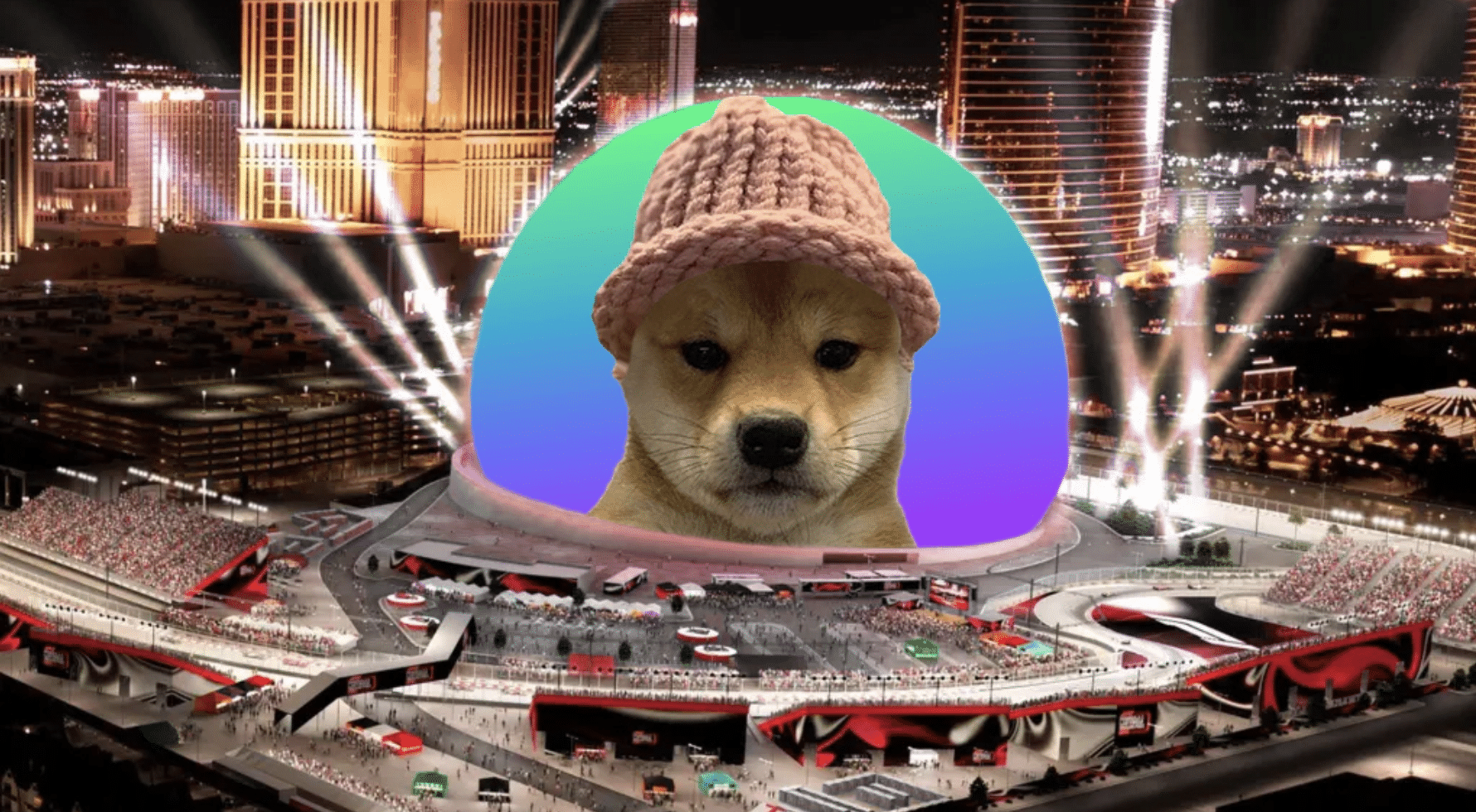 Uma imagem editada com o meme Dogwifhat colocado na Las Vegas Sphere (https://wif-sphere.vercel.app/)